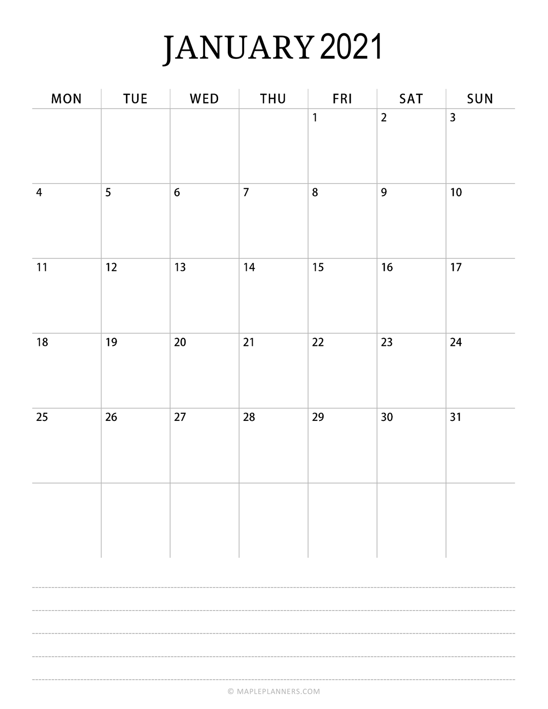 monthly calendar 2021 vertical layout download free