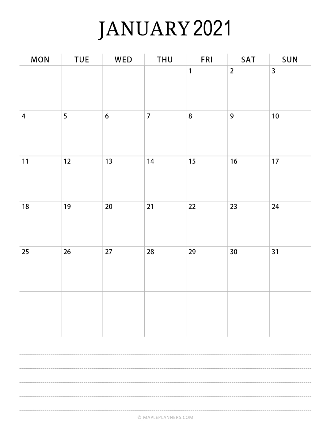 Monthly Calendar 2021 Vertical Layout Download Free