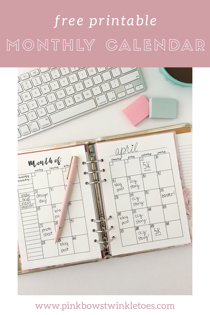 Monthly Calendar: Free Printable Planner Insert Pink
