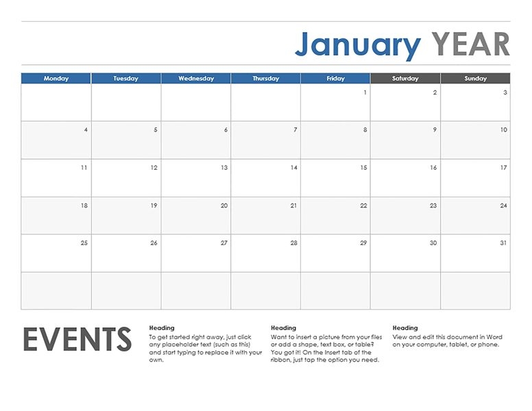 monthly calendar starting with monday calendar printable