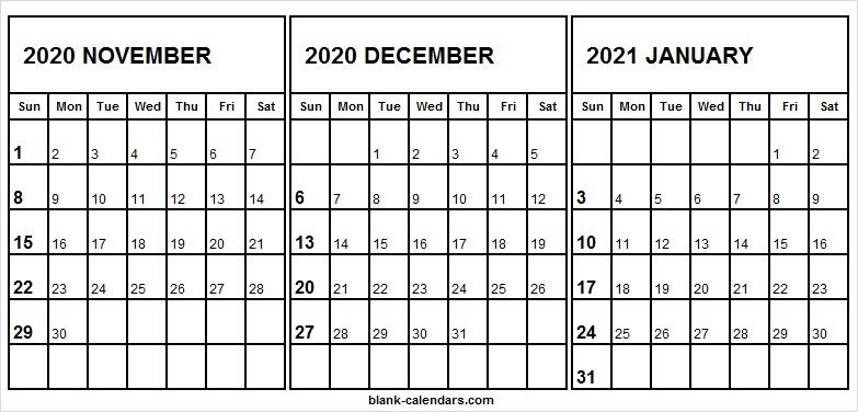 Nov Dec 2020 Jan 2021 Calendar Template Monthly Calendar