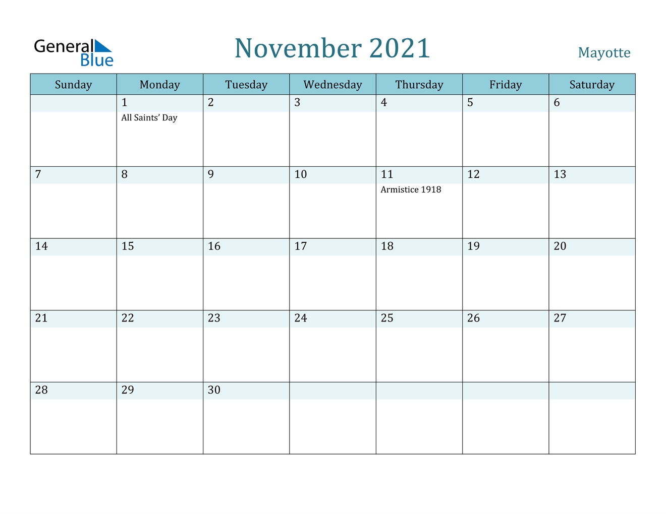 November 2021 Calendar Mayotte