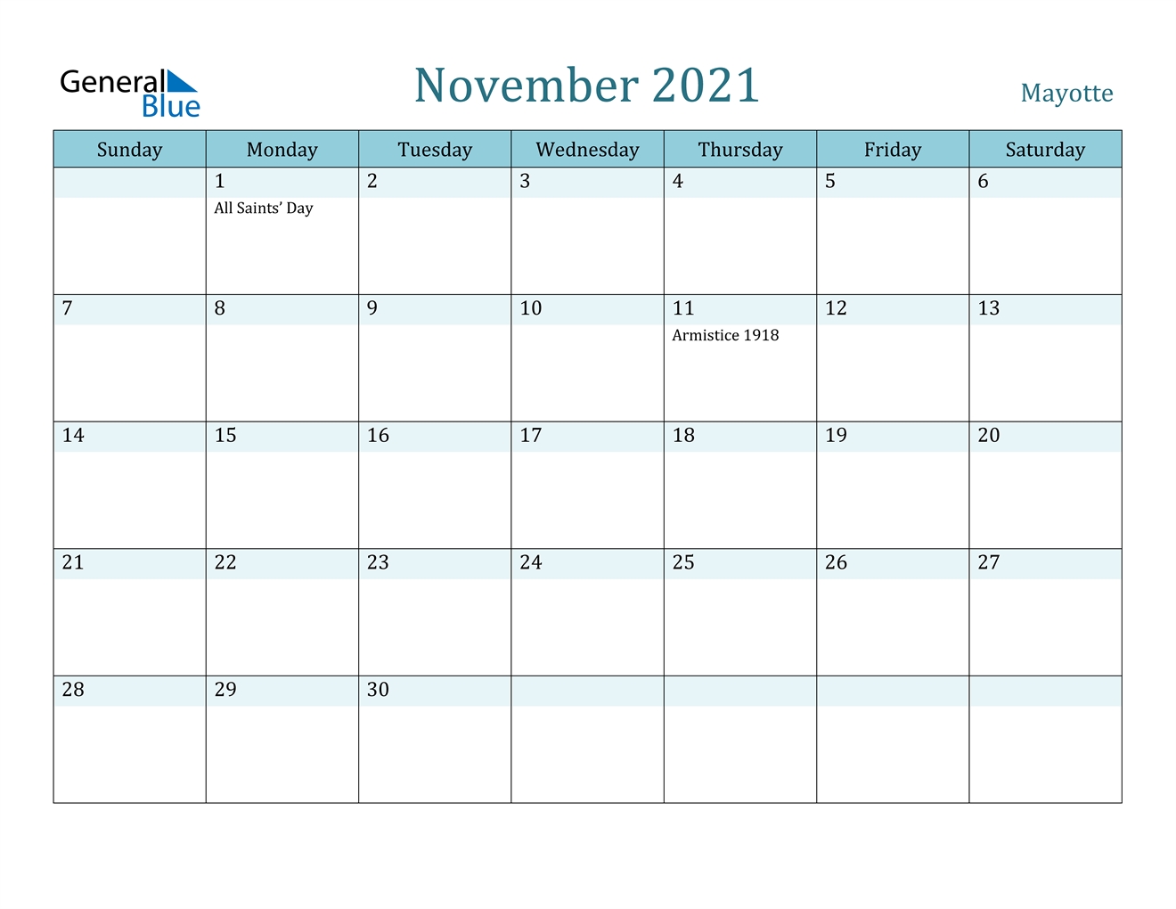 november 2021 calendar mayotte