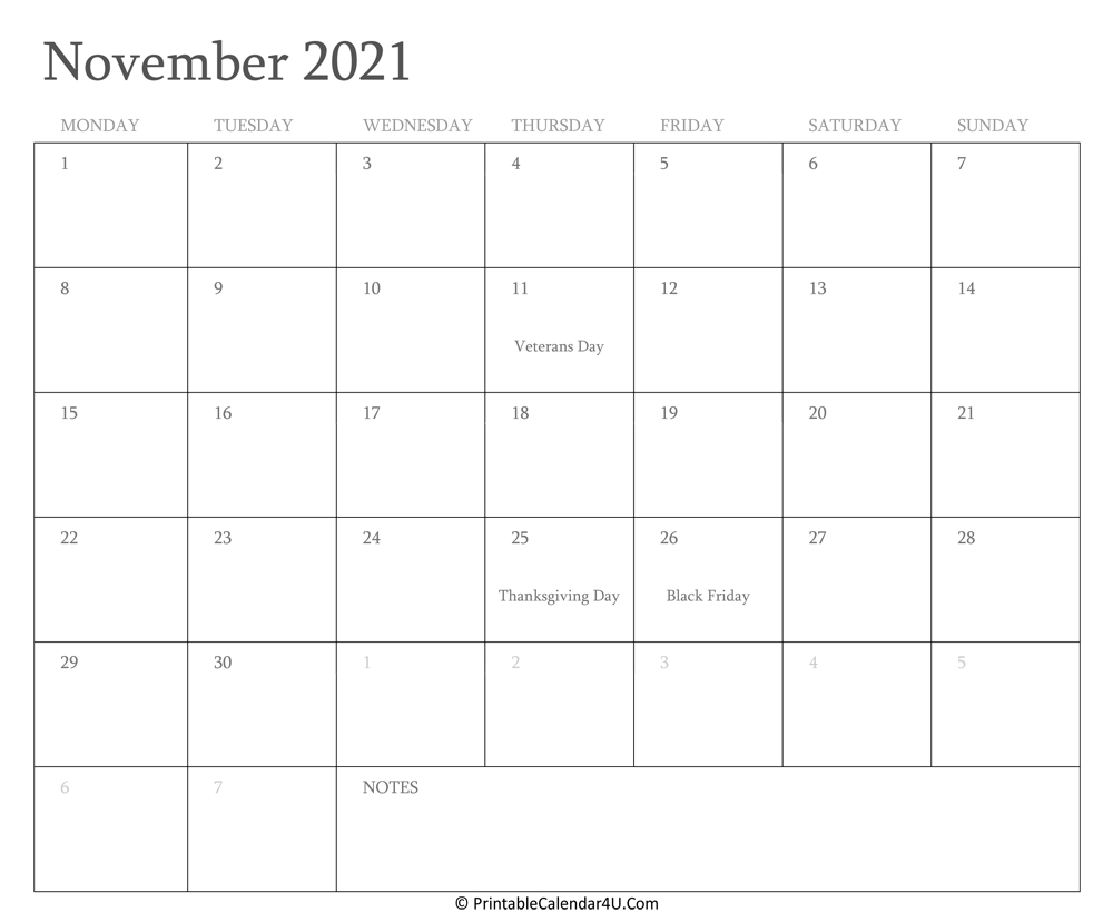 November 2021 Calendar Printable With Holidays