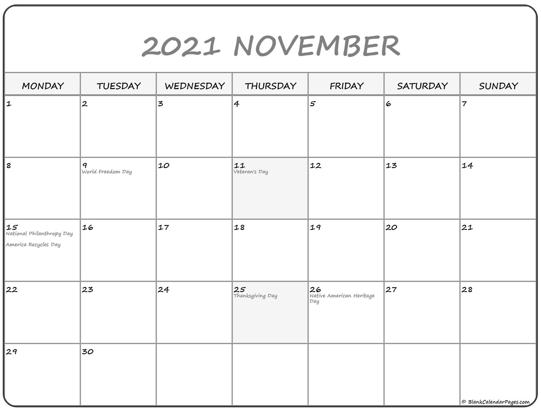 November 2021 Monday Calendar Monday To Sunday Calendar