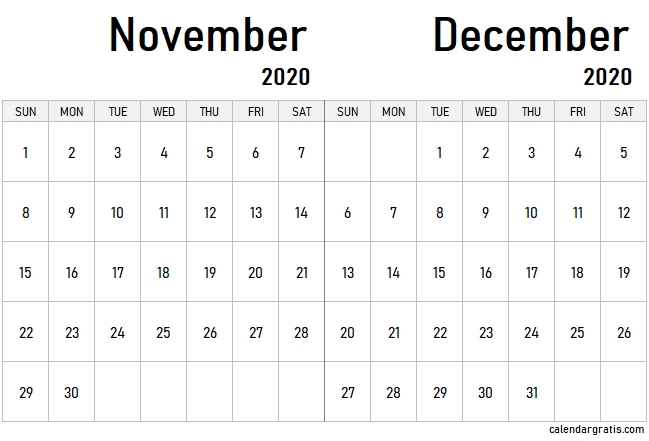 November December 2020 Calendar Template | January