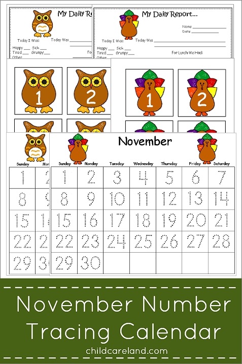 november number tracing calendar