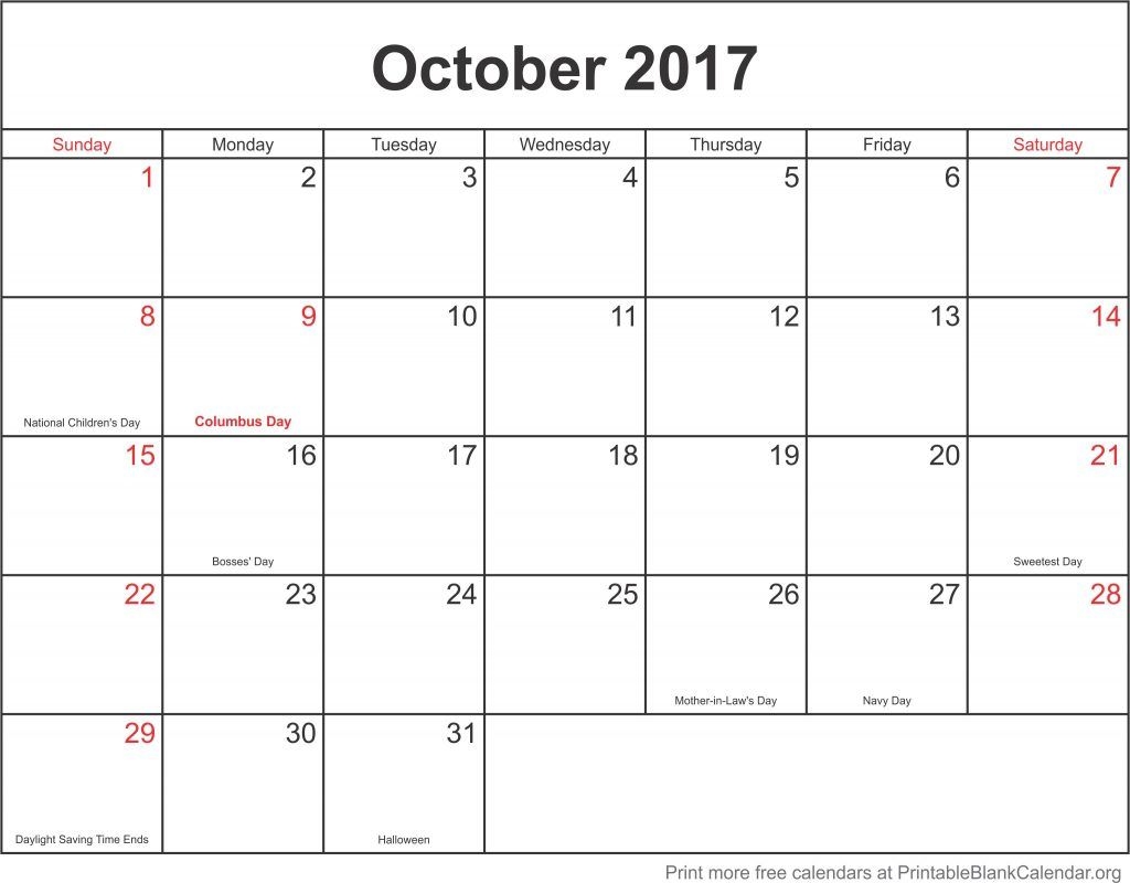 October 2017 Free Printable Calendar Printable Blank