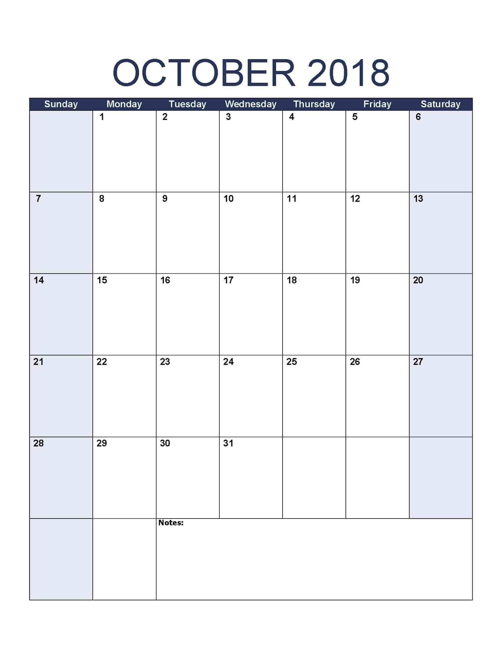 October 2018 Calendar Free, Printable Calendar Templates