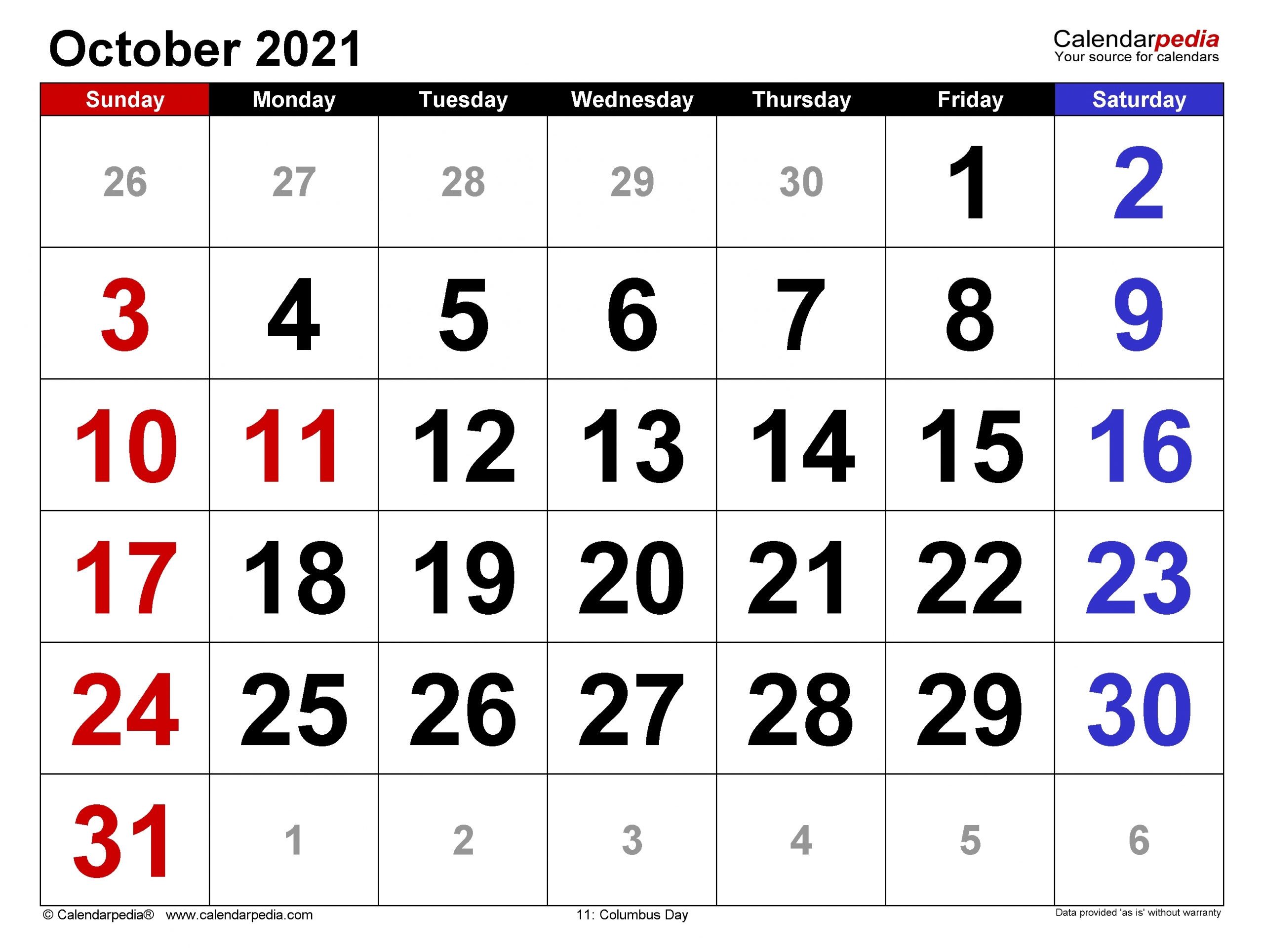 october calendar 2021 | month calendar printable