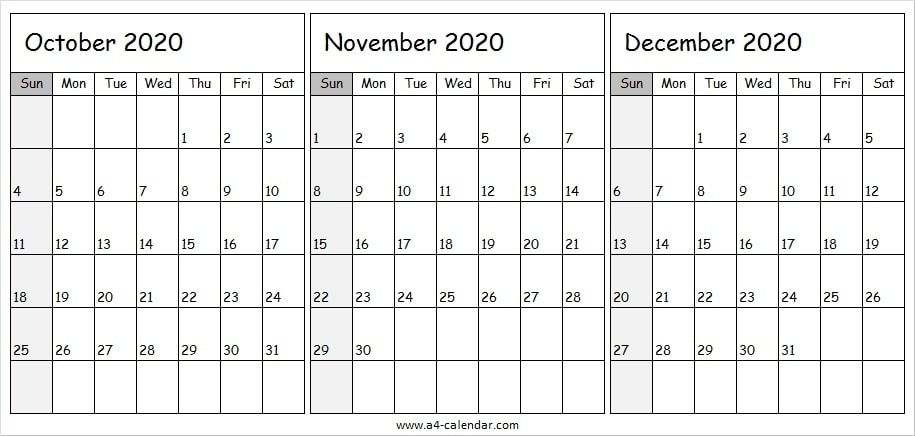 October November December 2020 Calendar A4 A4 Calendar