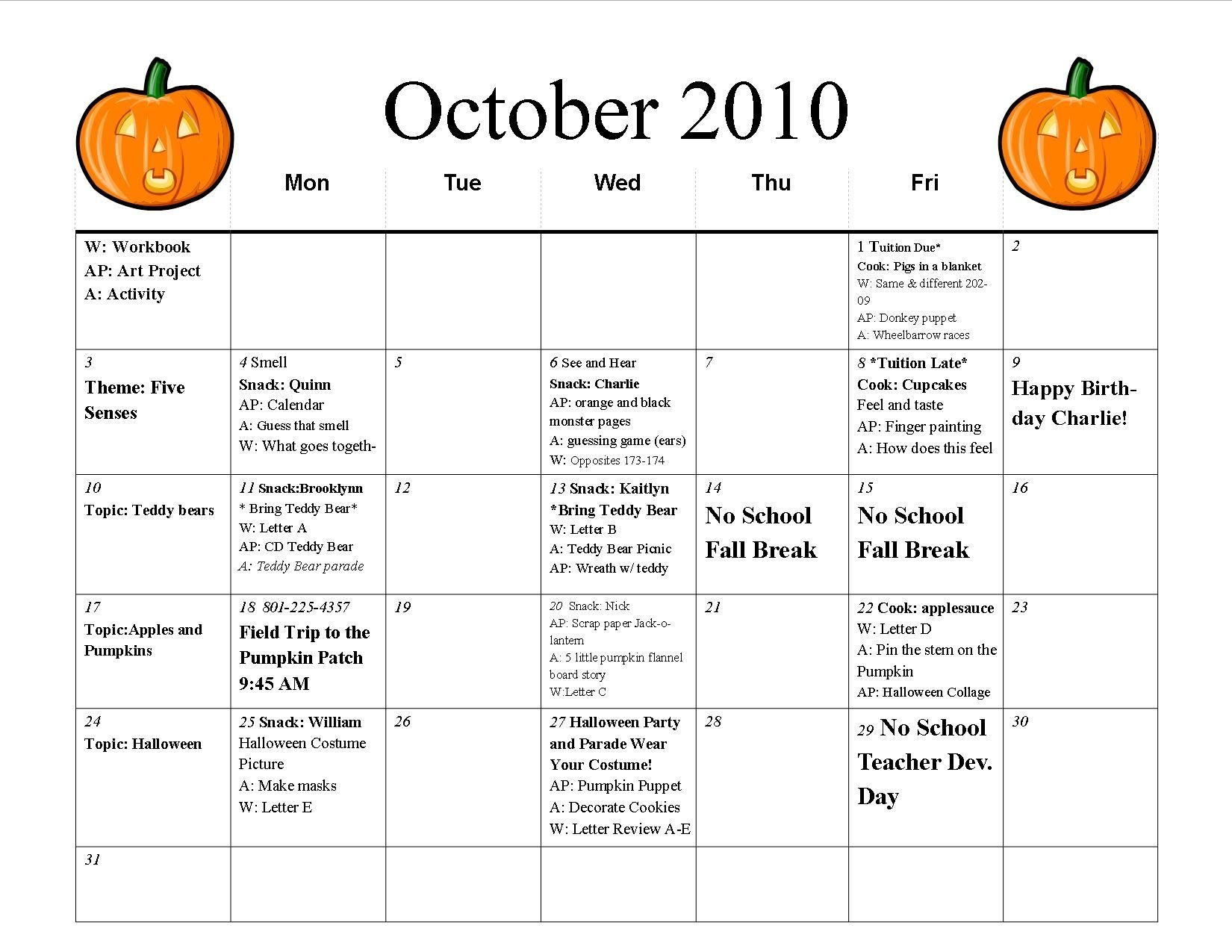 october preschool calendar template | preschool calendar