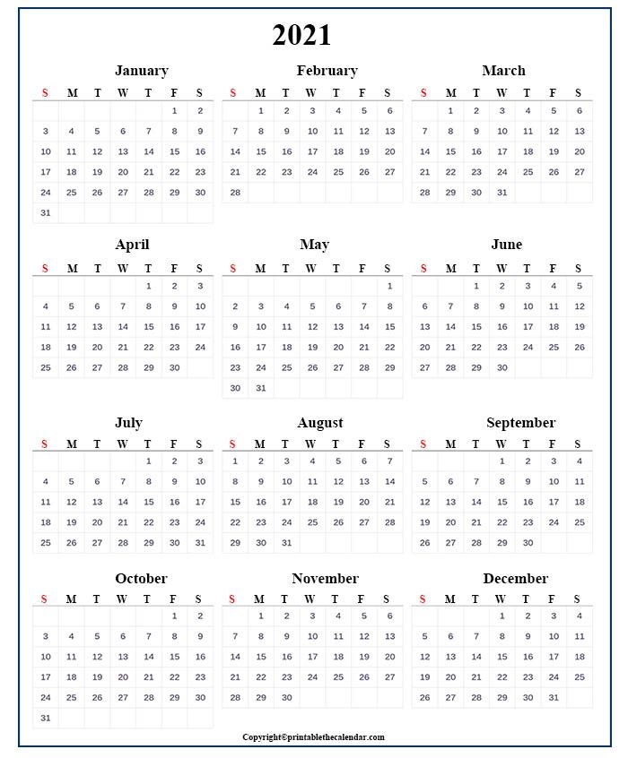 One Page Calendar 2021 [free Printable Template