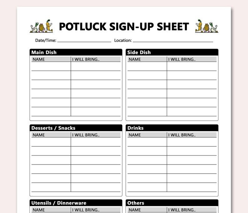 Potluck Sign Up Sheet Printable Bring And Share Potluck | Etsy