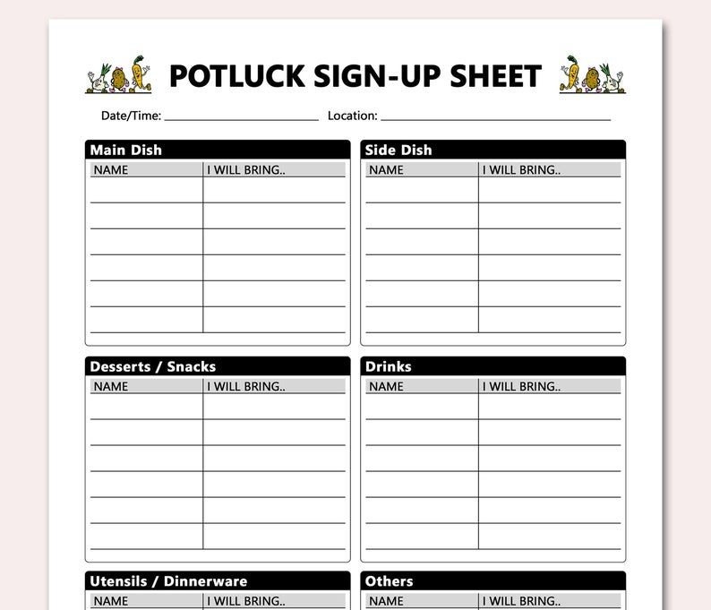 potluck sign up sheet printable bring and share potluck | etsy