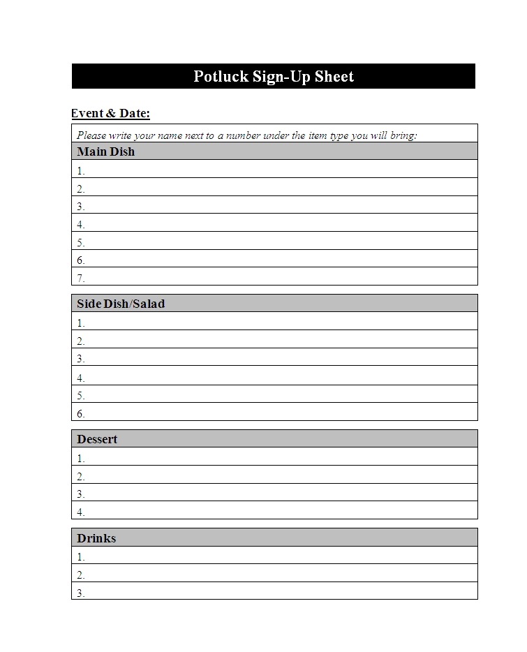 Potluck Sign Up Sheet Templates | Activity Shelter