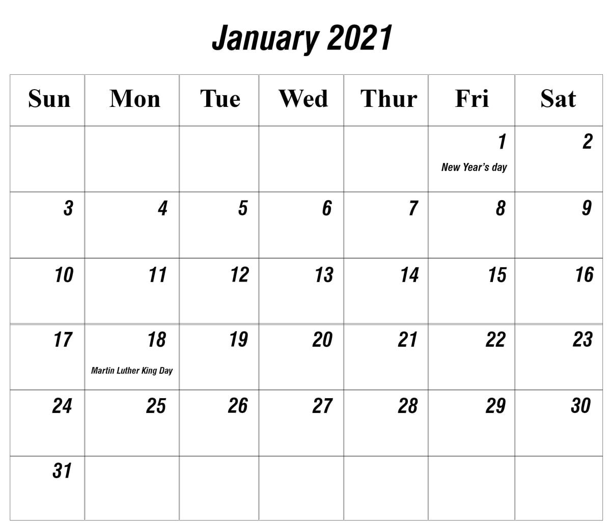 Print Free 2021 Monthly Calendar Without Downloading