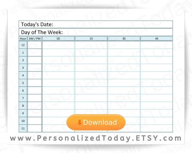 printable 12 or 24 hours daily time planner 15 minute | etsy