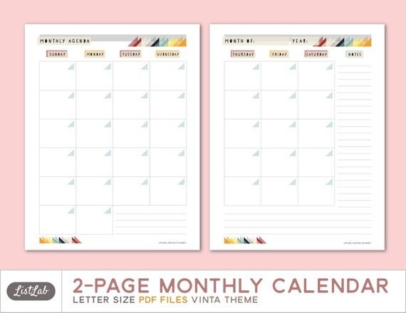 printable 2 page monthly planner vintatheme letter size