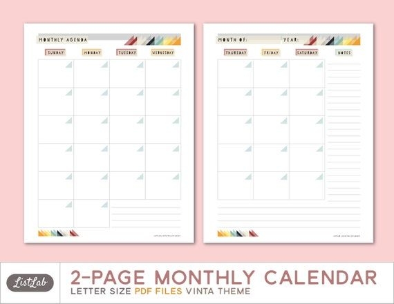 Printable 2 Page Monthly Planner Vintatheme Letter Size