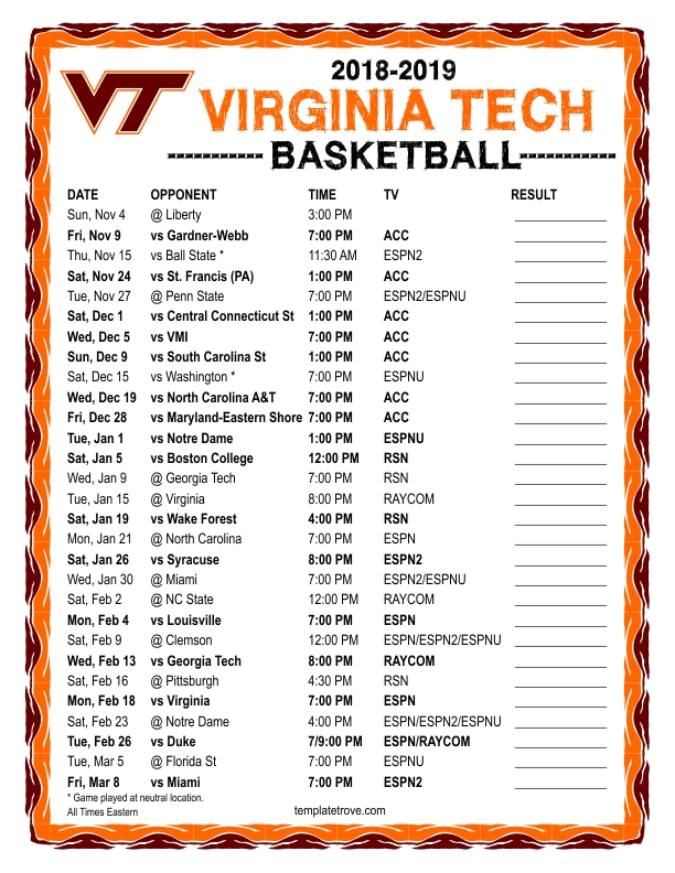 Printable 2018 2019 Virginia Tech Hokies Basketball Schedule