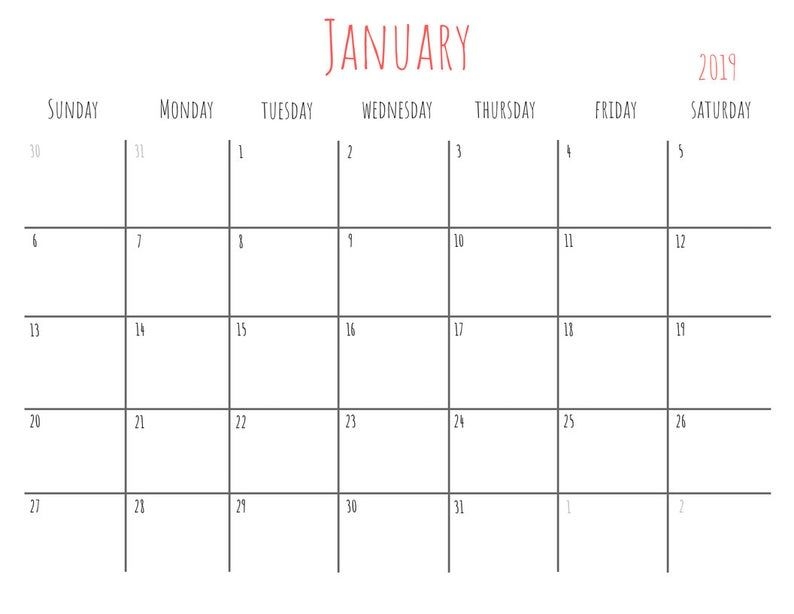 Printable 2019 Calendar Monthly Pdf Wall Calendar Desk | Etsy