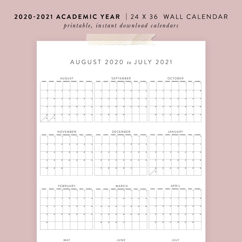 Printable 2020 2021 Academic Wall Calendar 24×36 Poster