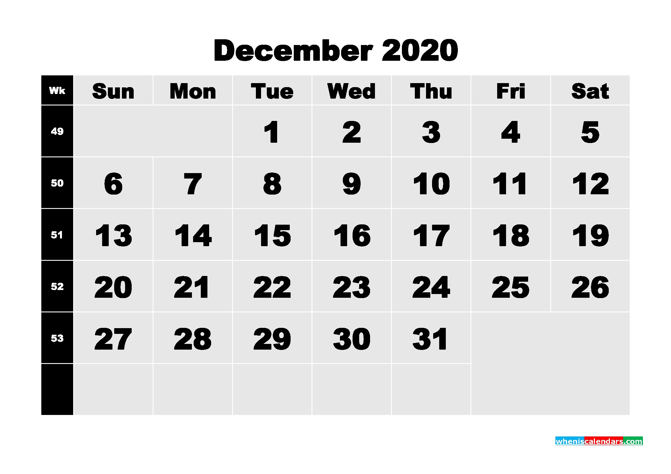 Printable 2020 Monthly Calendar With Week Numbers December