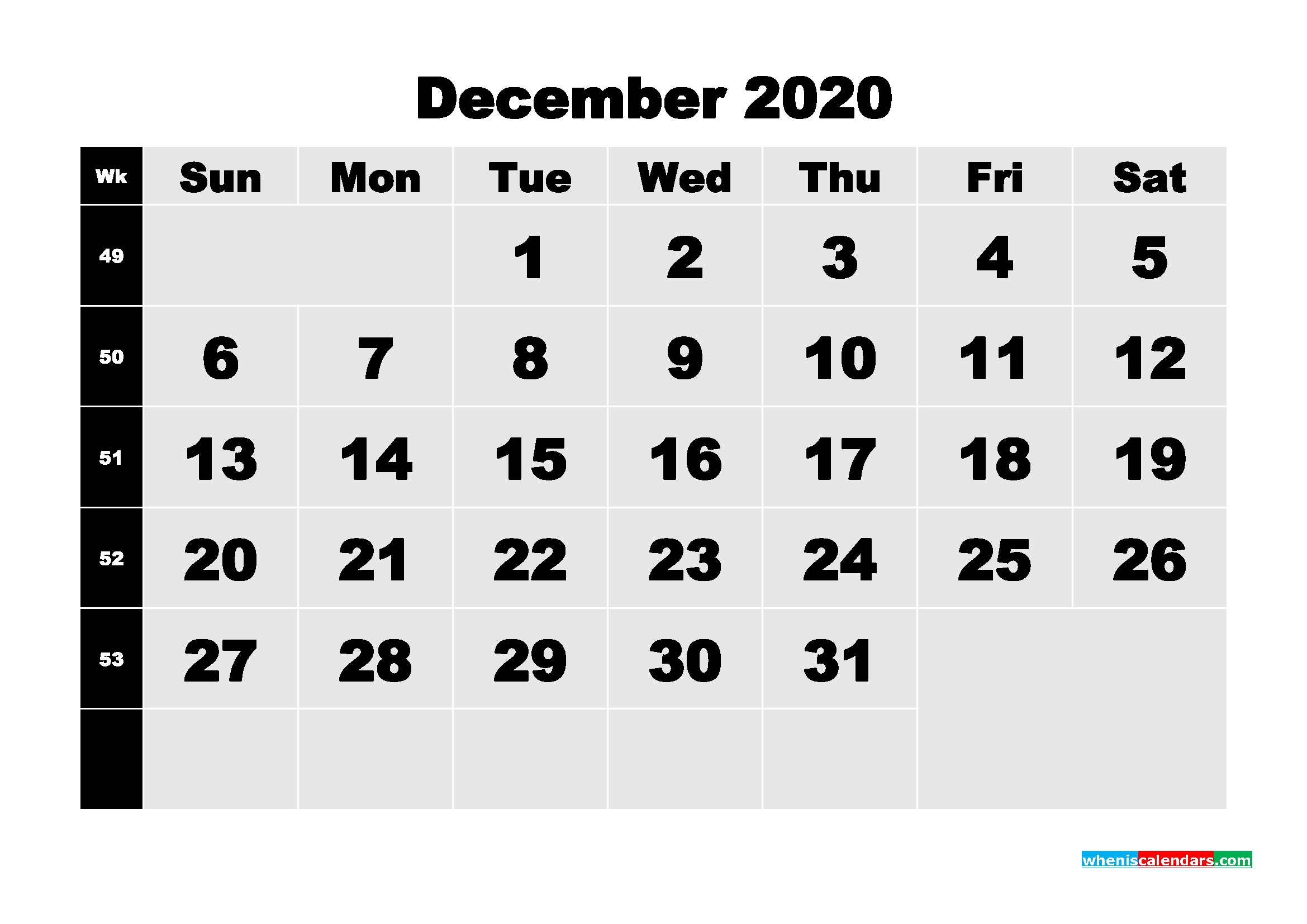 printable 2020 monthly calendar with week numbers december