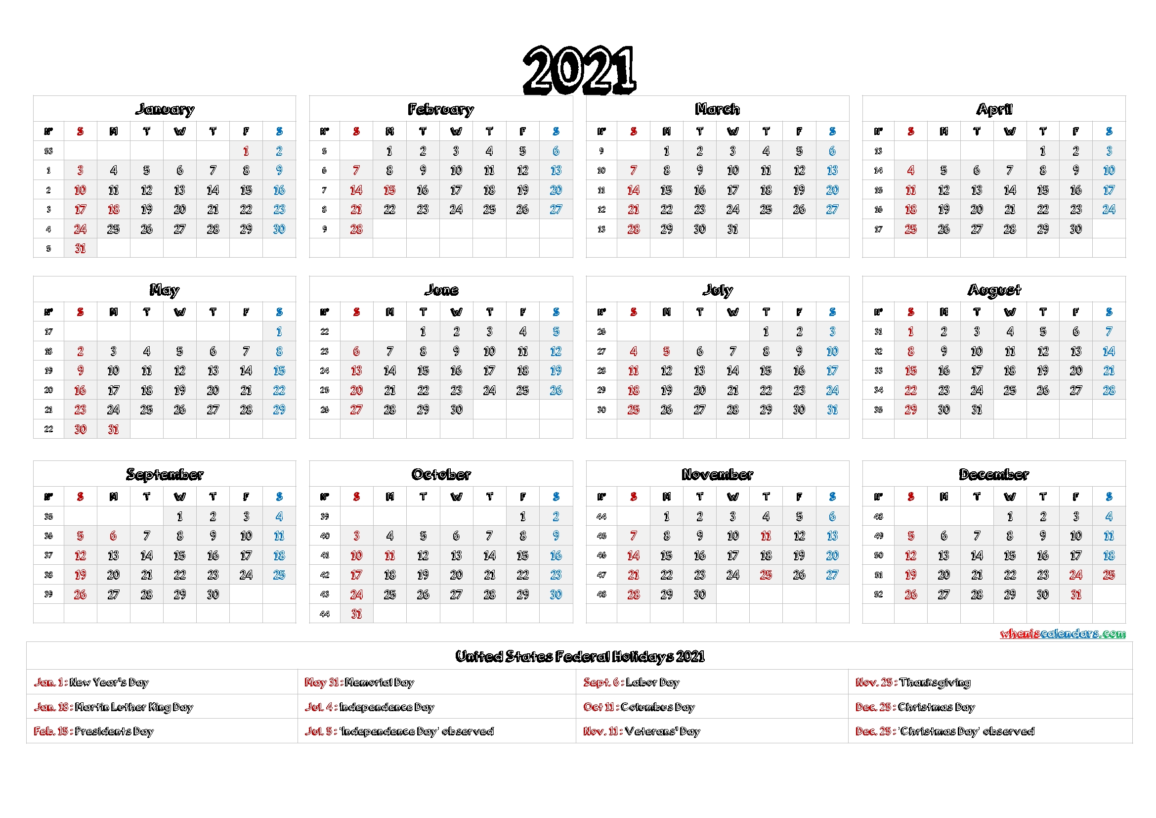 Printable 2021 Calendar With Holidays 6 Templates