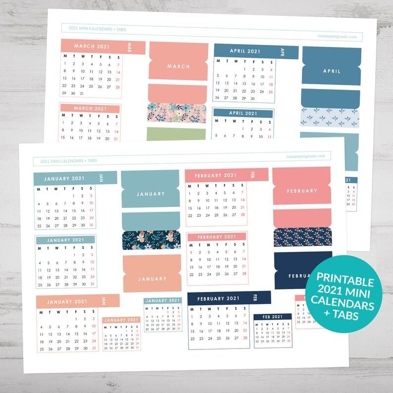 printable 2021 mini calendars page tabs mini bullet