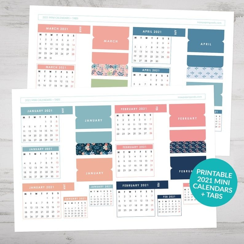 Printable 2021 Mini Calendars Page Tabs Mini Bullet