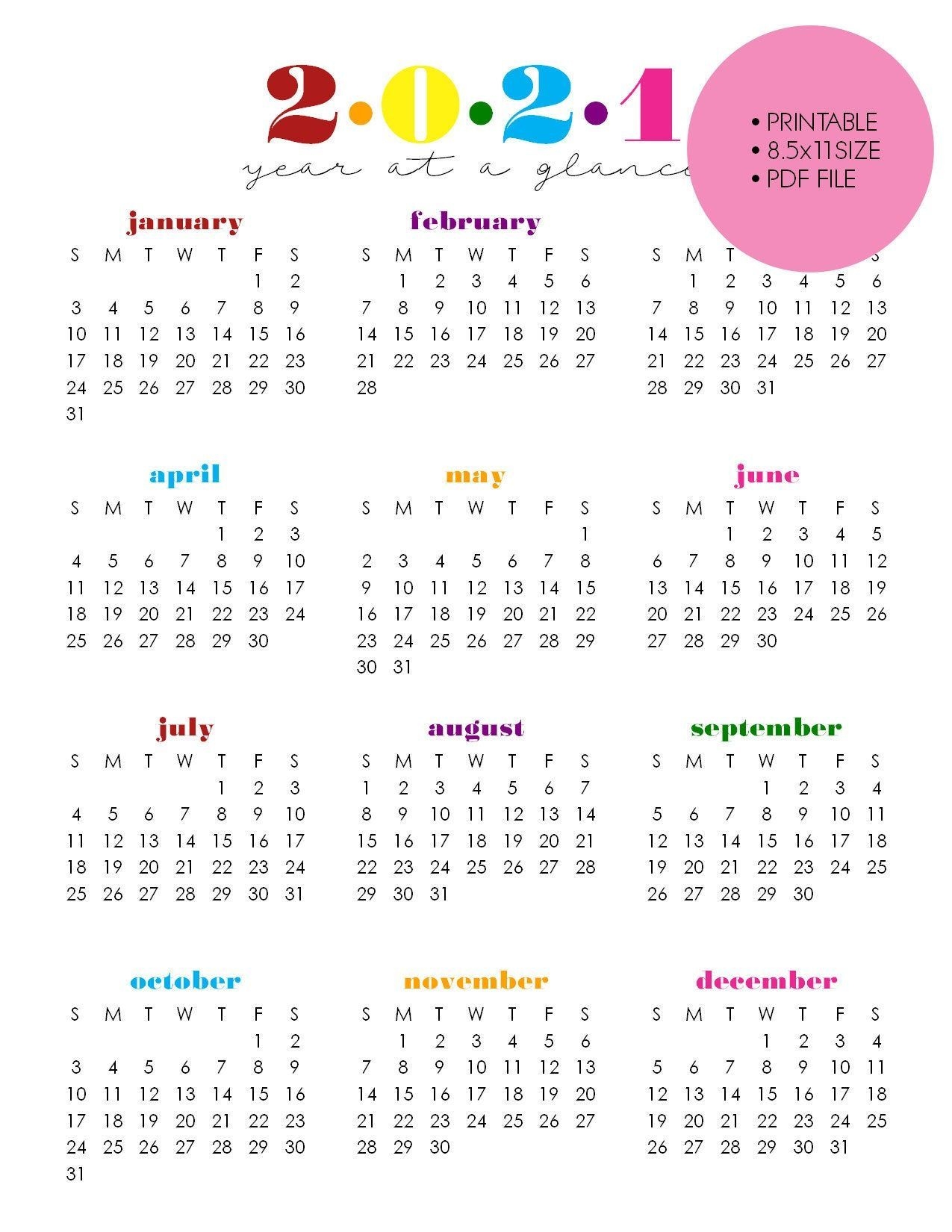 Printable 2021 Year At A Glance 8 5×11 Wall | Etsy In 2021