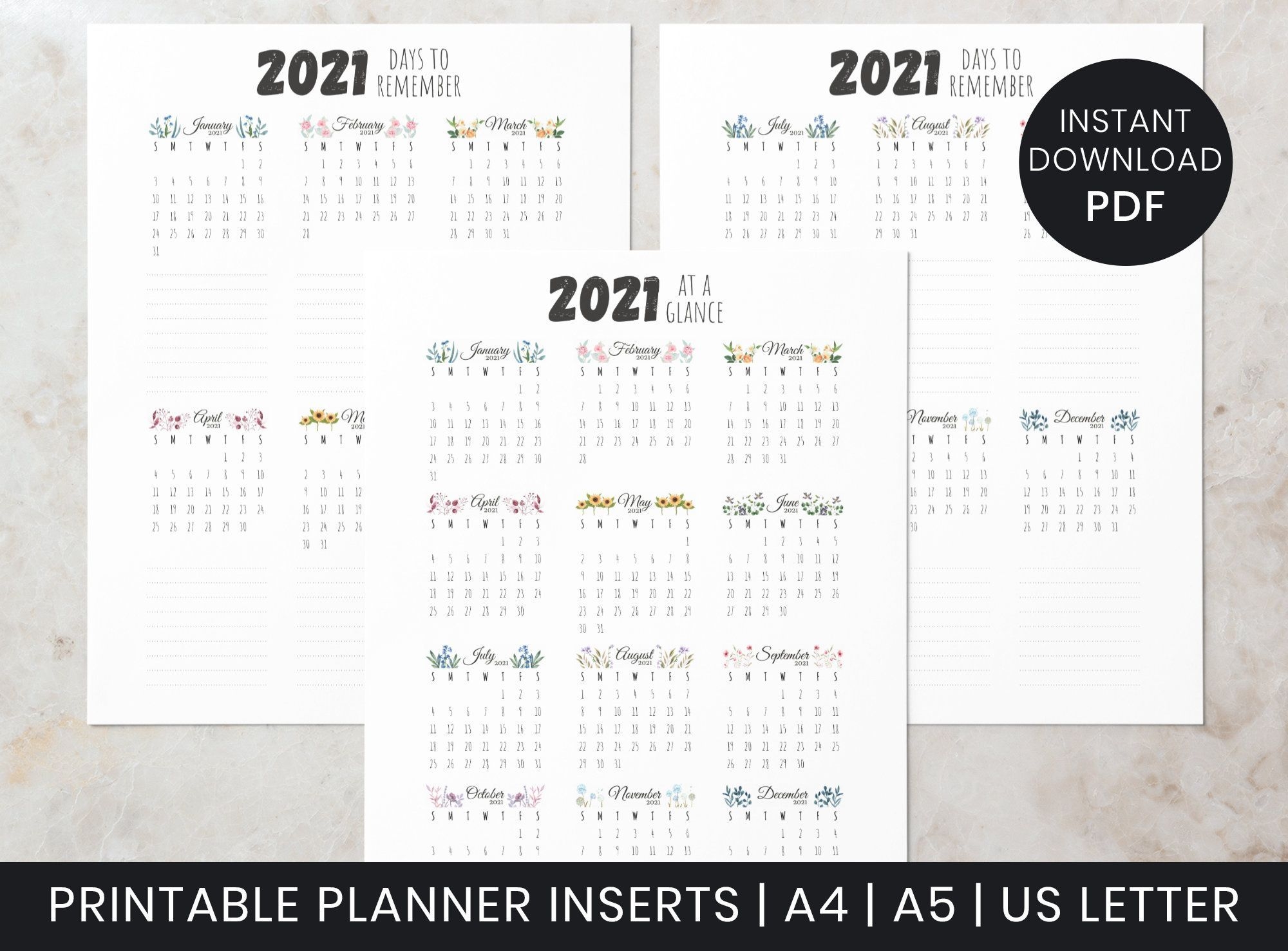 printable 2021 year at a glance days to remember planner