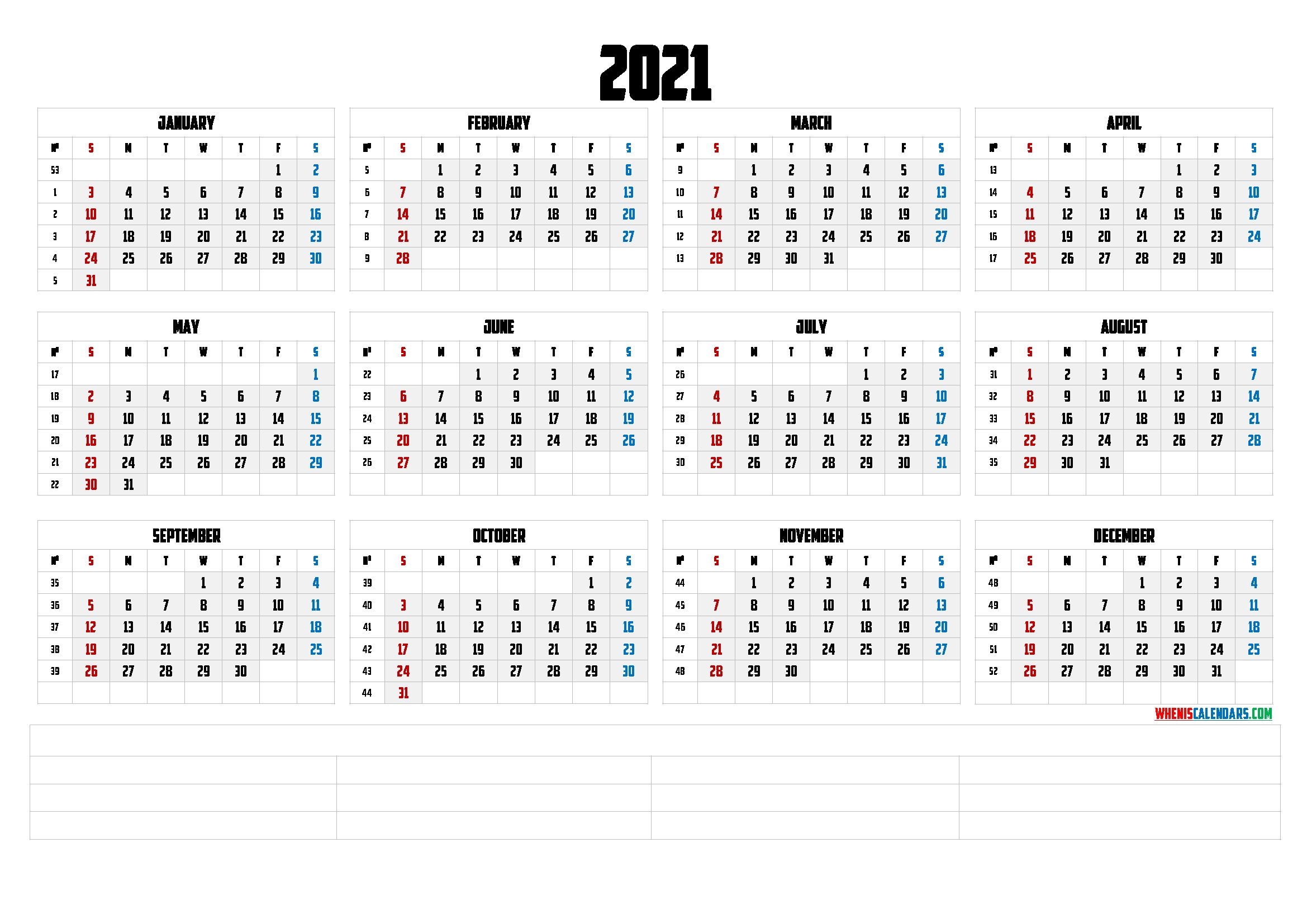 Printable 2021 Yearly Calendar (6 Templates) Free