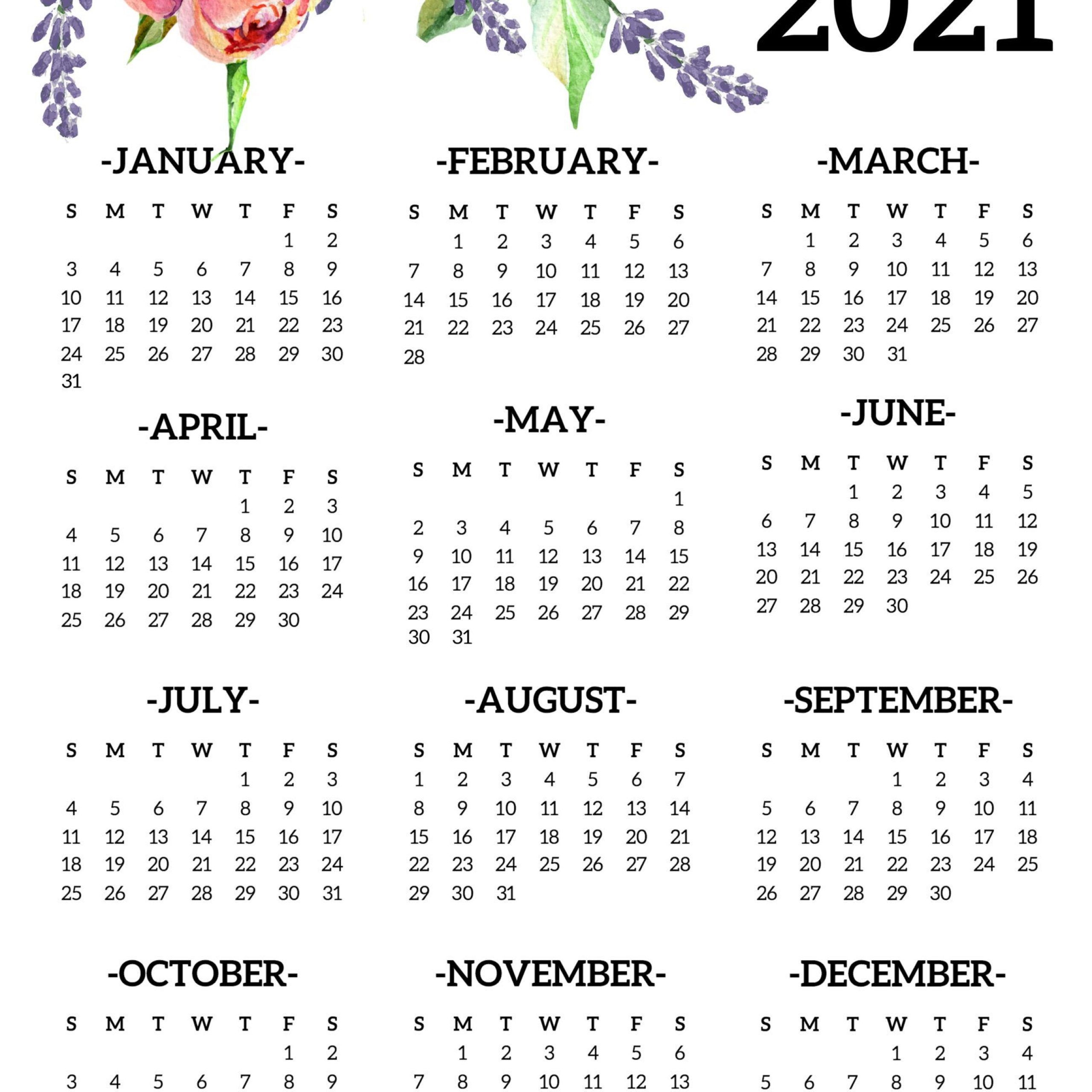 printable 2021 yearly calendar one page | free printable