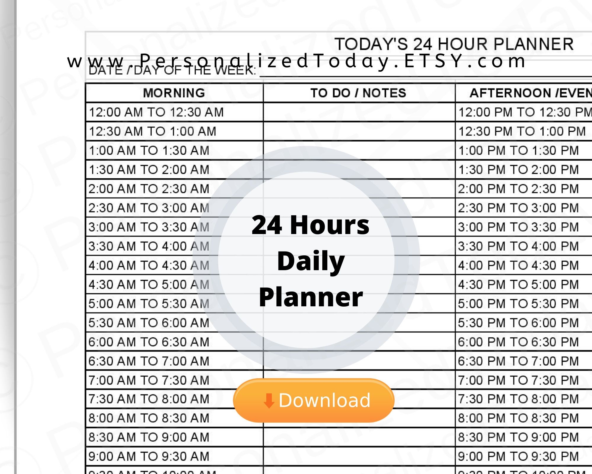 printable 24 hours day planner 30 minute increments pdf | etsy