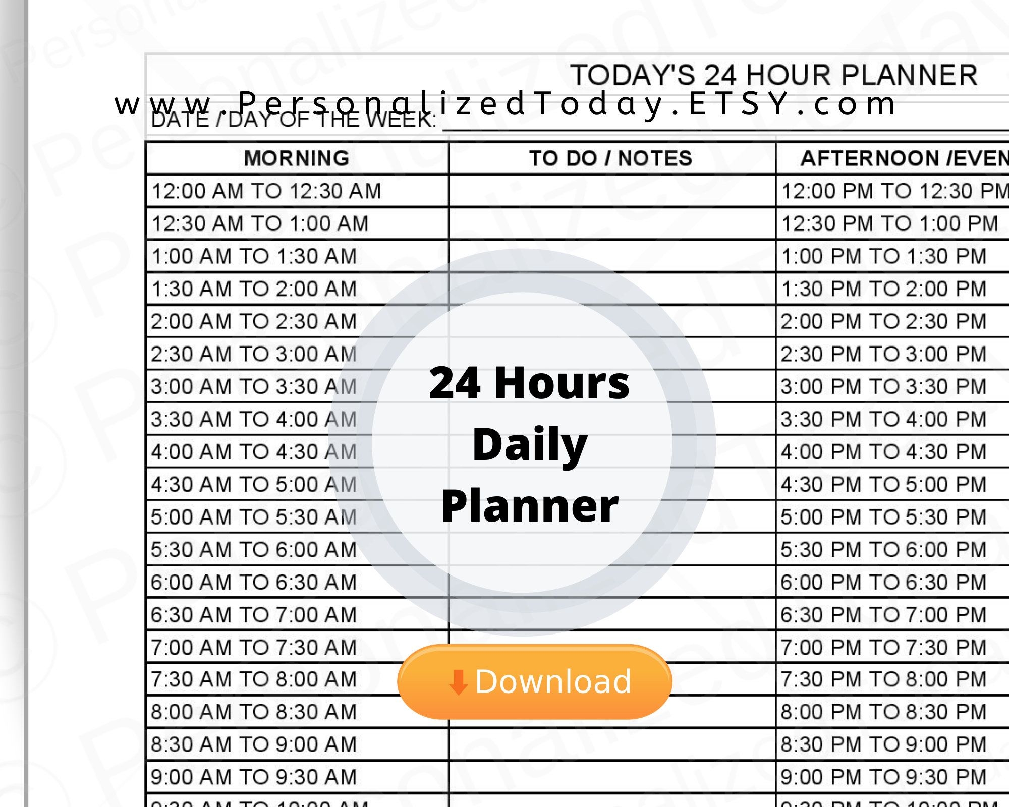 Printable 24 Hours Day Planner 30 Minute Increments Pdf | Etsy