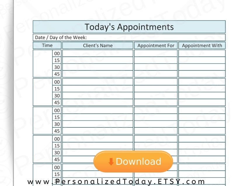 Printable Appointment Planner 8 Hours 15 Minute Increments