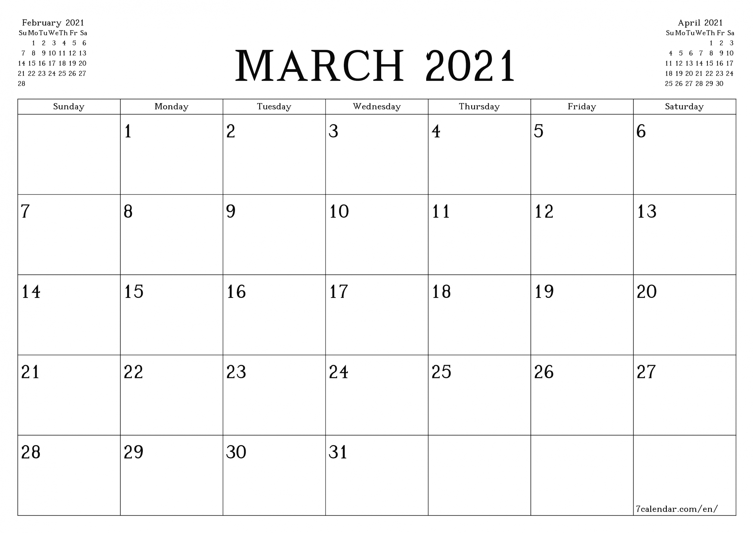 printable blank monthly calendar 2021 with lines | ten