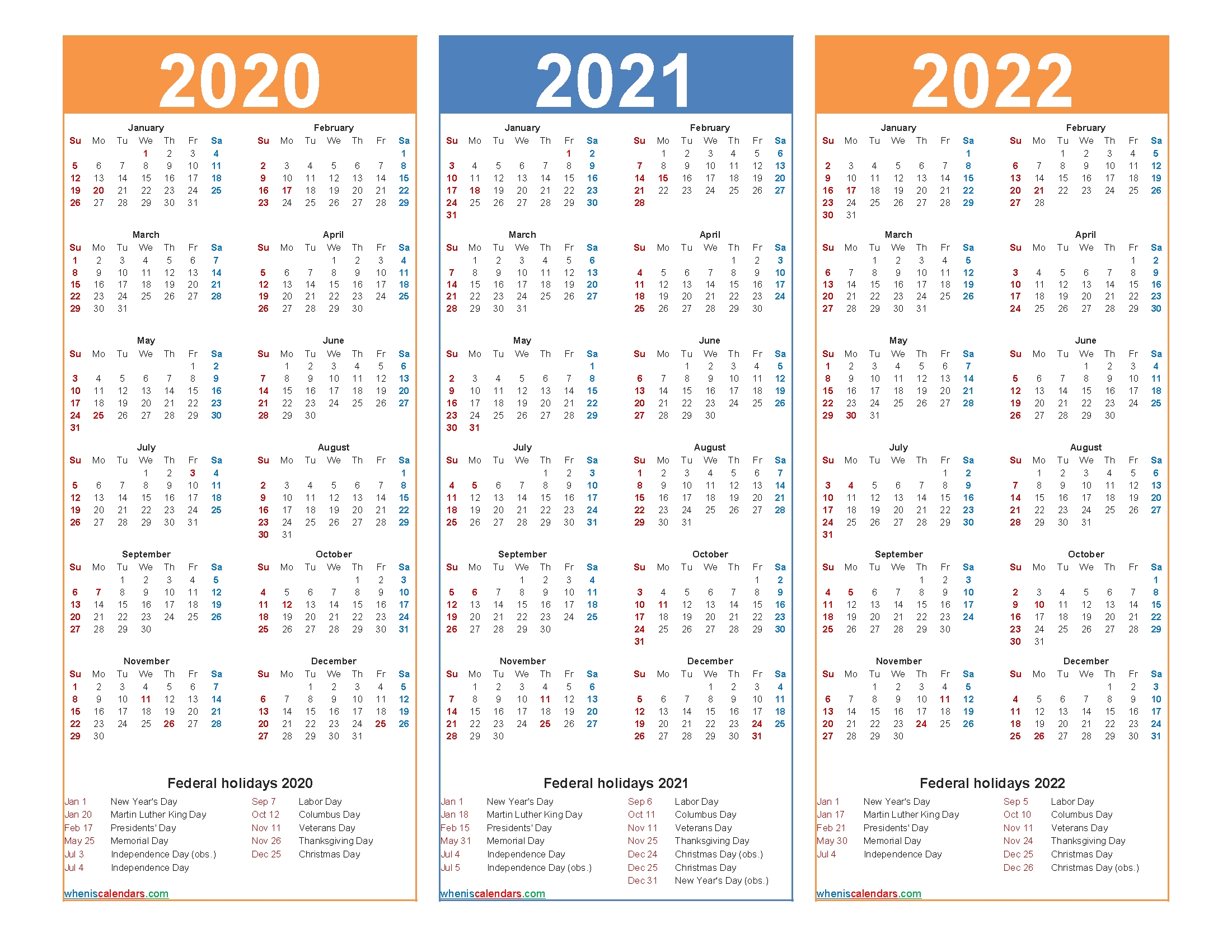 printable calendar 2020 2021 2022 with holidays