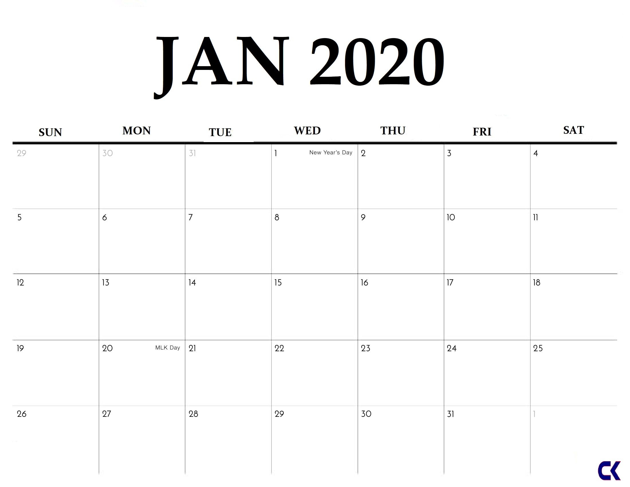 Printable Calendar 2020 With Space To Write | Free