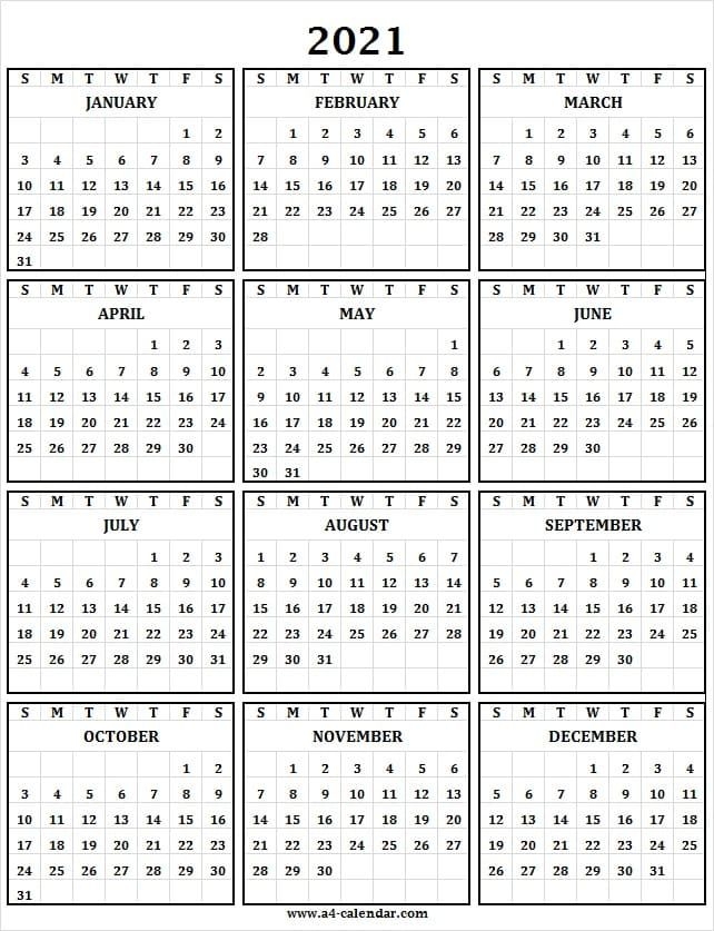 Printable Calendar 2021 One Page A4 Calendar