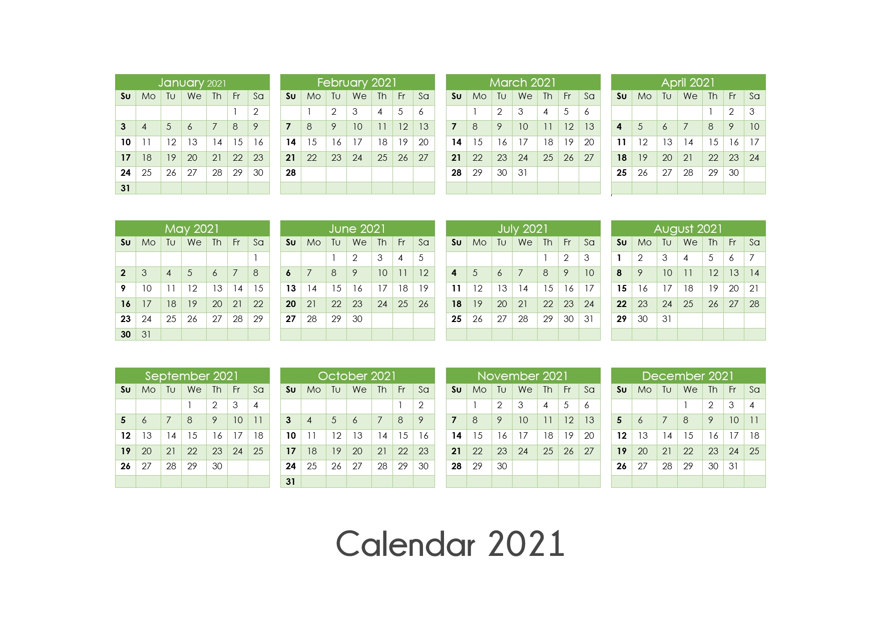 printable calendar 2021 one page, yearly calendar, blank