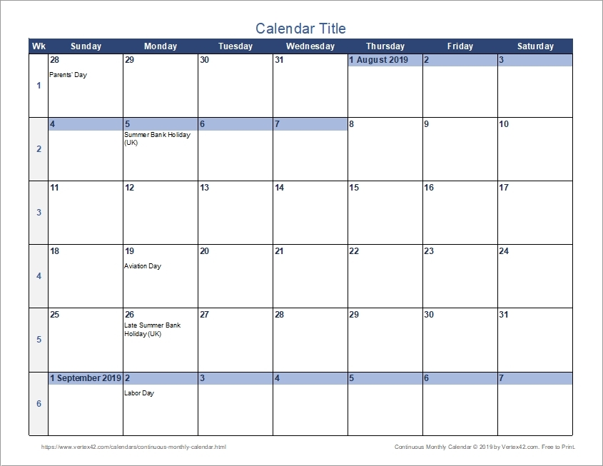 Calendar Template Showing One Week On A Page - Example Calendar Printable