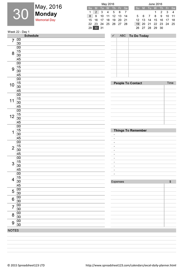printable daily planner template for excel