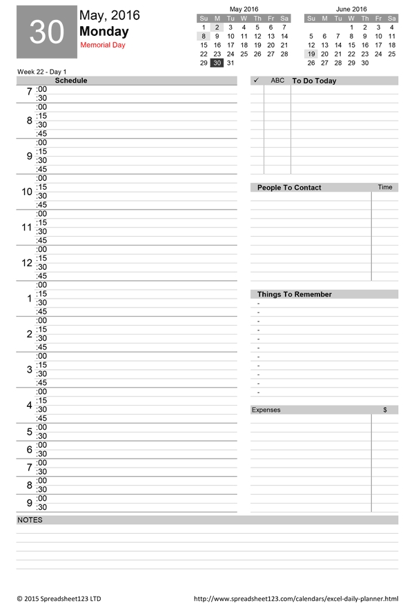 Printable Daily Planner Template For Excel