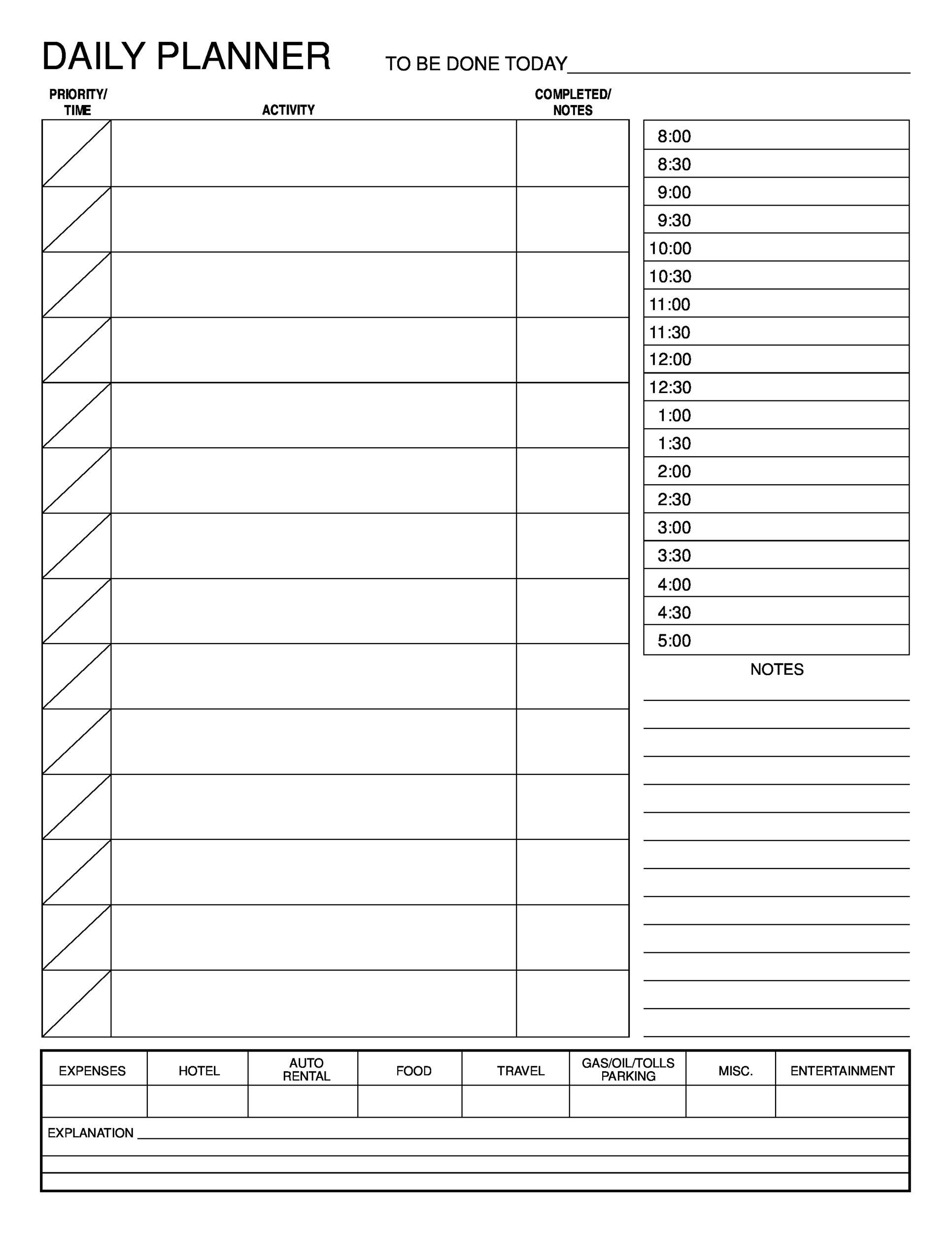 printable daily planner templates pdf, word, excel