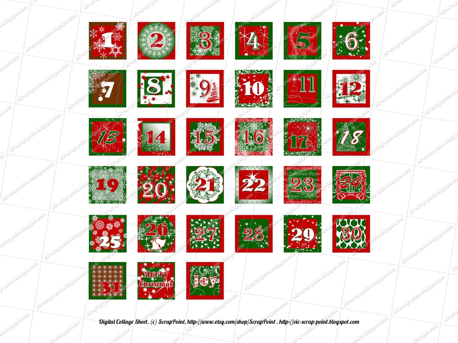 Printable December Daily Numbers 1 1 5 2 & 3 Inch Squares