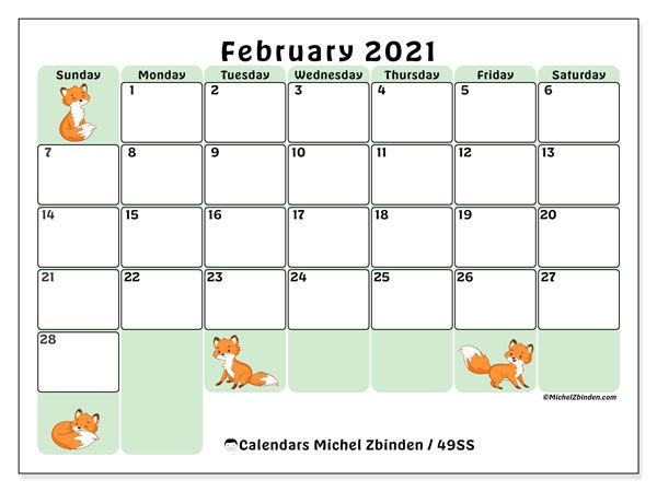 Printable February 2021 "49ss" Calendar Michel Zbinden En